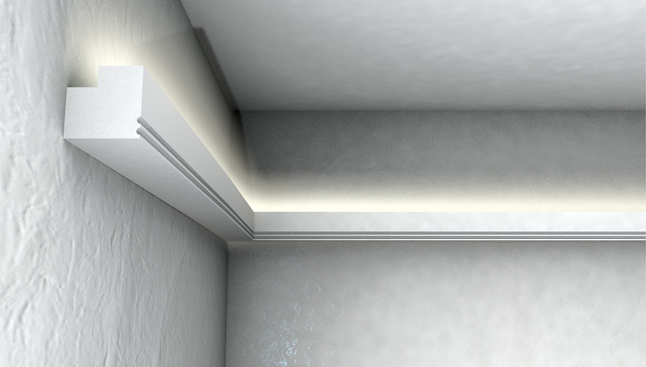 Cornice per LED in EPS di piccole dimensioni, discreta, dalla linea  squadrata con scanalature decorative.